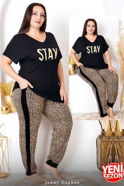 Jenny Daphne Lady Viscose Fabric Plus Size Leopard Print Printed Short-Sleeve Long Pajamas Set 10987