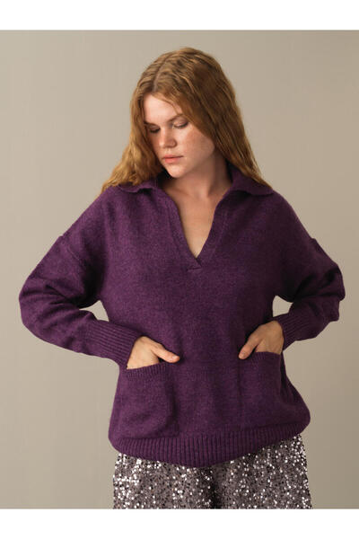 Xint Kadın Mor Yumuşak Dokulu Oversize Cepli Kazak