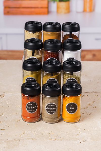 MİA HOME 12 Piece Spice Set with Spoon 320 Ml, Lockable Lid with Black Label