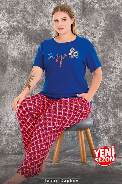 Jenny Daphne Lady Viscose Fabric Plus Size Print Short-Sleeve Long Pajamas Set 10981