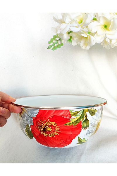 EBRULİEMAYE Gelincik Enamel Vintage Mixing Kneading Salad Container 24 cm Diameter 2.8 Liter Volume