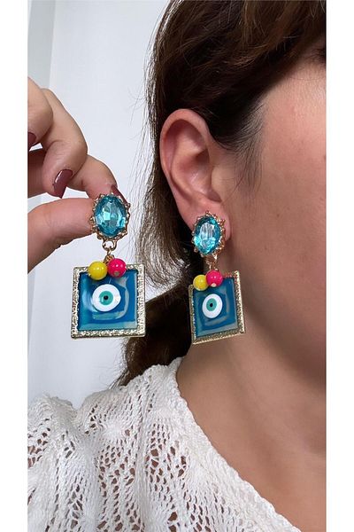 Pelin Aksesuar Blue Design Earrings with Bead Detail