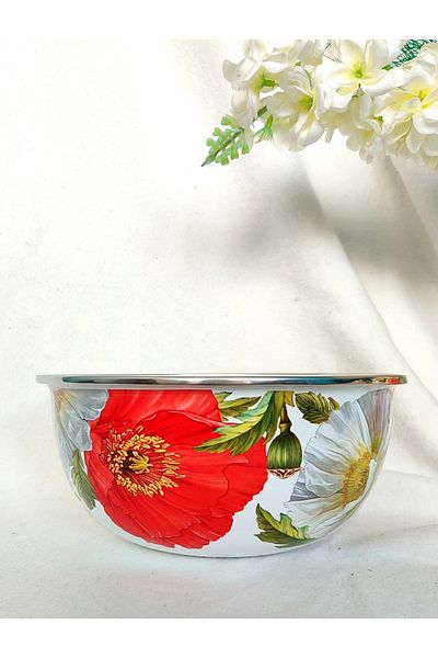 EBRULİEMAYE Gelincik Enamel Vintage Mixing Kneading Salad Container 24 cm Diameter 2.8 Liter Volume