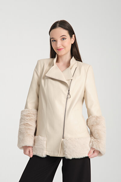 ŞEYDA ERTEM JACHETĂ DE PIELE FURĂ CULOARE CREMĂ