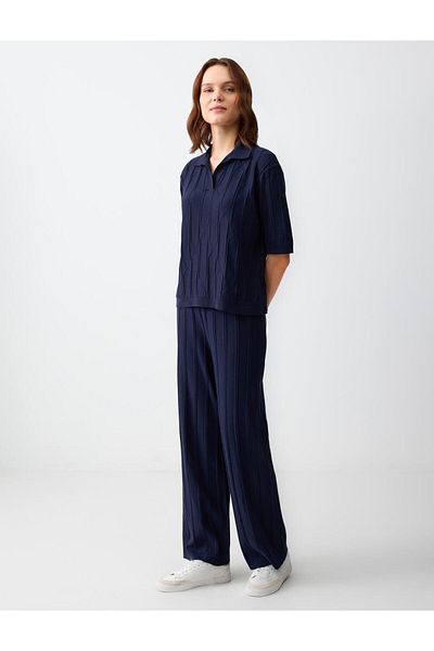 Jimmy Key Navy Blue Relaxed Fit High Waist Wide Leg Patterned Knitwear Trousers