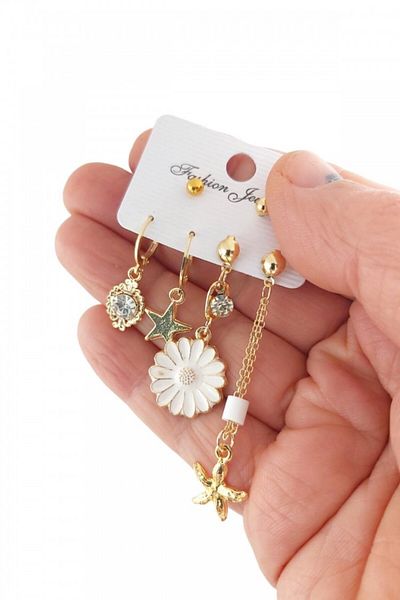 AKIN AKSESUAR HEDİYELİK Set of 6 Daisy Figured Gold Earrings
