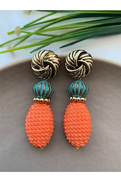 Pelin Aksesuar Orange Green Straw Look Design Earrings