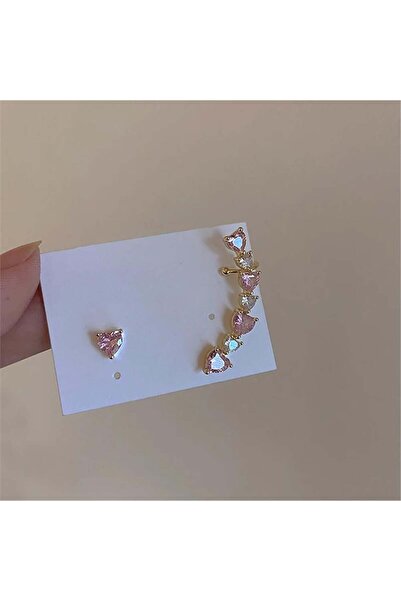 Pelin Aksesuar Pink and White Heart Ear Piercing Earrings