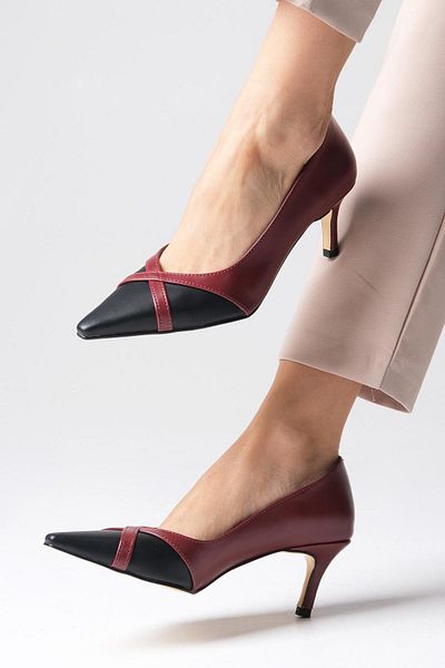 Mio Gusto Felice Women's Heeled Shoes - Claret Red Black, Blunt Pointed Toe