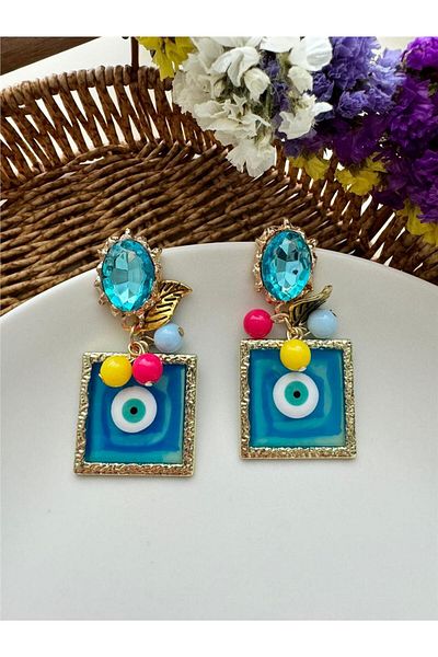 Pelin Aksesuar Blue Design Earrings with Bead Detail