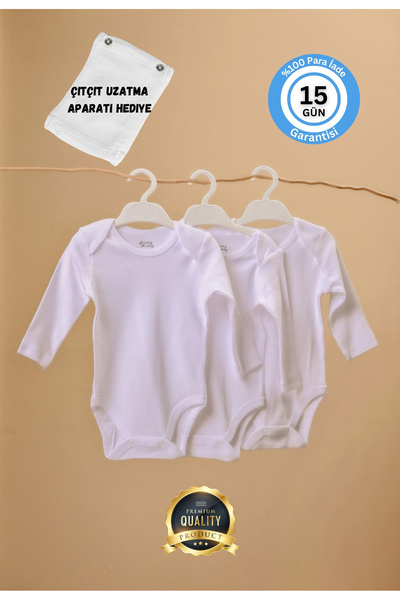 Huggy Mommy Premium %100 Organik Pamuk Ribana 3'lü Beyaz Uzun Kol Bebek Body ...