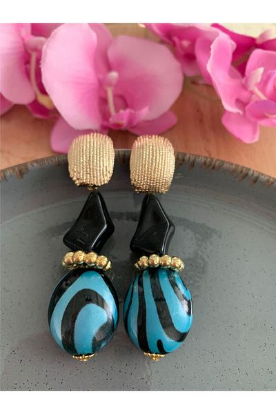 Pelin Aksesuar Blue Black Striped Design Earrings