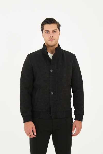 Frappoli Black-Gray Patterned Men's Thick Stamp Coat - Zip-Up, Buttoned and Ribbed Skirt