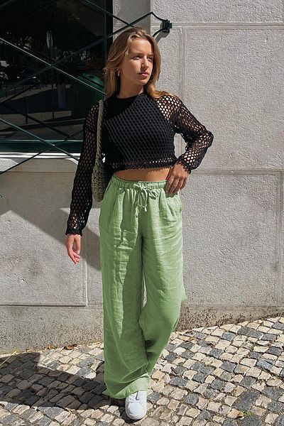 Madmext Grüne Stoffhose mit weitem Bein und Kordelzug MG1950