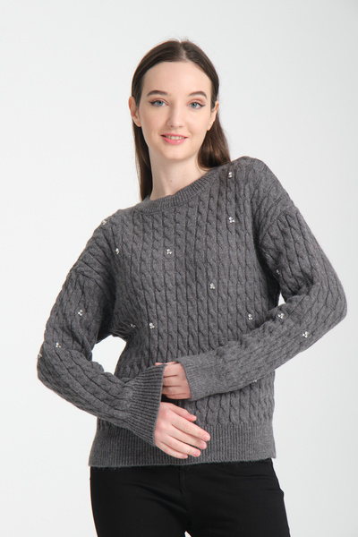 ŞEYDA ERTEM PULOVER GREY CU TRICOTAT PĂR DE LANA CU BRODATURĂ DE PIATRĂ