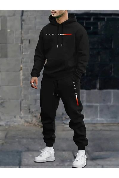 DAXİS Sportwear Company Set de trening cu glugă cu imprimeu Paris pentru bărbați - Set de trening de mărime mare, cu croiala relaxată