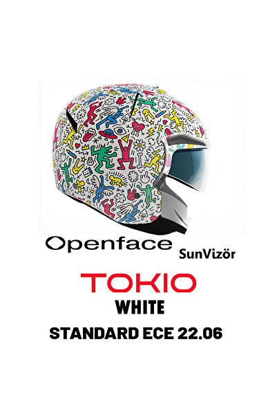 Shiro SHİRO JET&OFC SH-64SV TOKIO DOODLE WHİTE YARIM MOTOSİKLET KASKI STD. ECE 22.06