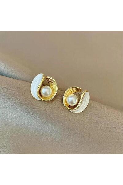 Pelin Aksesuar İncili Beyaz Mineli Vintage Küpe