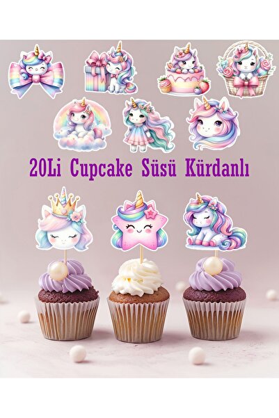Hiras Dizayn 20 قطعة من مسواك كب كيك يونيكورن - كعكة لطيفة - زينة كوكيز