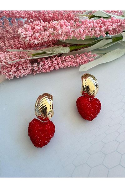 Pelin Aksesuar Heart Crystal Design - Red Earrings
