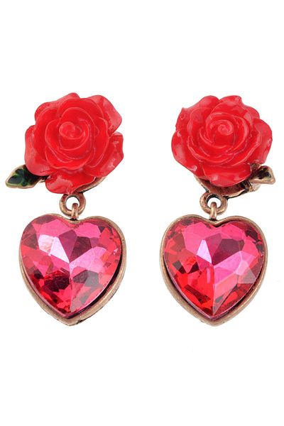 Pelin Aksesuar Red Flower Heart Stone Earrings