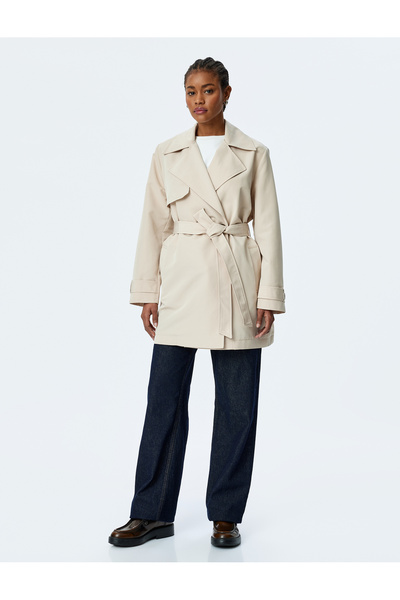 Koton Zweireihiger Trenchcoat aus Gabardine-Stoff mit Gürteltaschen