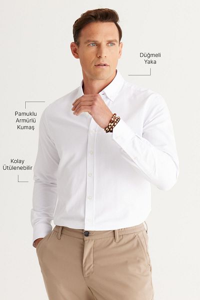 AC&Co / Altınyıldız Classics Ανδρικό πουκάμισο από βαμβακερό γιακά με κουμπιά Oxford, λευκό και στενή εφαρμογή