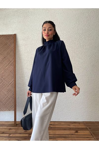KÜÇÜĞÜM BUTİK Μακρυμάνικη κρεπ μπλούζα Navy Blue Throat Gathered