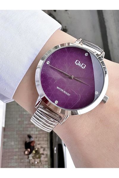 Q&Q Women's Silver Colored Frame Design Watch - Waterproof Quartz, Spring Cord, Magenta Snowflake