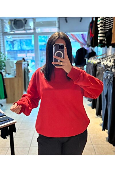 TRENDBUTİK Scuba Kumaş Geniş Kalıp Bisiklet Yaka Kırmızı Oversize Sweatshirt