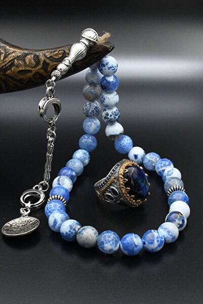 Prestige Doğal Damarlı Akik Taşlı Tesbih Ve 925 Ayar Gümüş Erkek Yüzüğü Kapla...