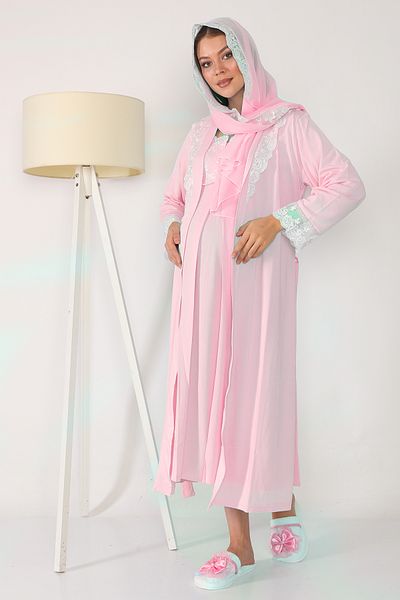 lohusahamile Maternity Nightgown with Hijab Long Sleeve 100% Cotton Powder Dressing Gown