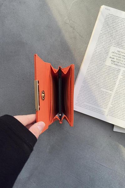 LEONAS Orange Wallet Card Holder Accessory with Zipper and Snap Fastener Coin Compartment Sasha