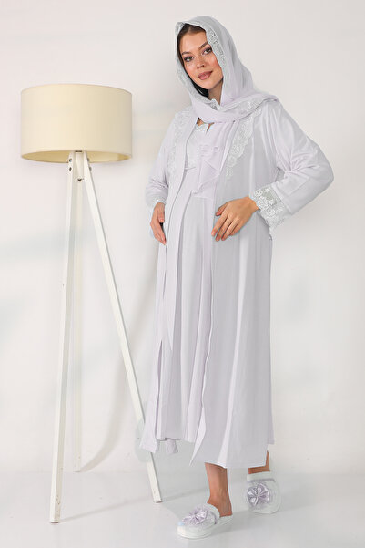 lohusahamile Tesettürlü Uzun Kol %100 Pamuk Gri Sabahlıklı Lohusa Gecelik