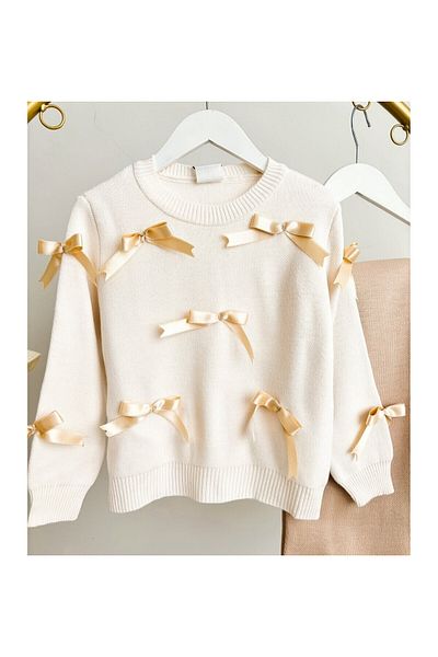 CİCHLİD Girl's Cream Bow Patterned Knitting Suit