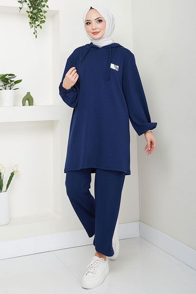 hafsamina Σετ Navy Blue Double - HM2654 με λεπτομέρεια στο έμβλημα και κουκούλα