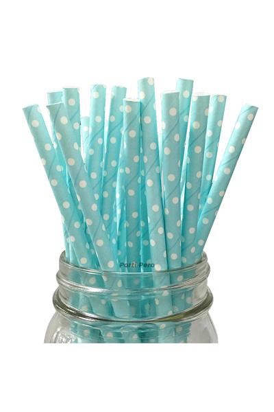 parti pera Mint Yeşili Beyaz Puantiyeli Kağıt Pipet 24'lü Paket