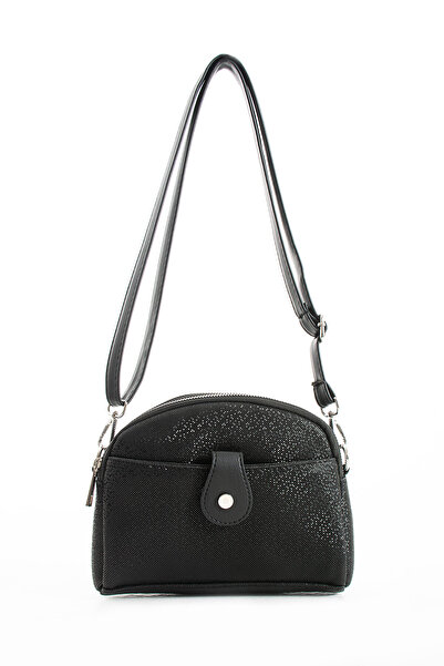 Morpelikan Women's Faux Leather Adjustable Cross Strap 4 Compartment Magnet Buckle Detailed Black Shoulder Bag