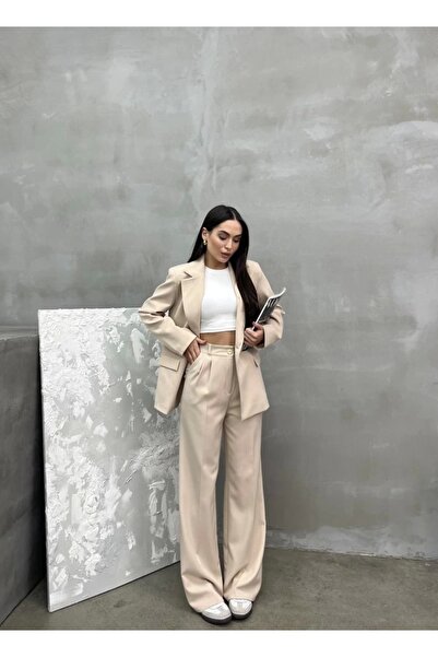 asfamoda Kadın Krem Tek Düğmeli Blazer Günlük Spor Ceket