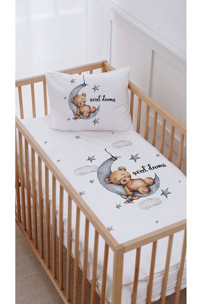 Lilabio 100% Cotton Park Bed Crib Duvet Cover Set (70X120) Sleeping Teddy Bear on the Moon