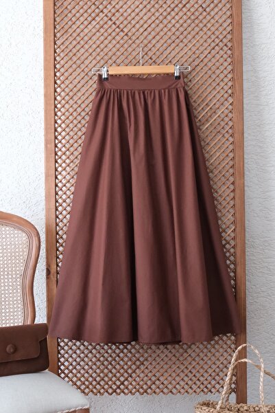 KÜÇÜĞÜM BUTİK Brown Flared Gathered Poplin Skirt