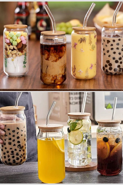 MİS KİTCHEN 4 قطع من أكواب المشروبات الغازية بغطاء خشبي - مع شفاطة زجاجية