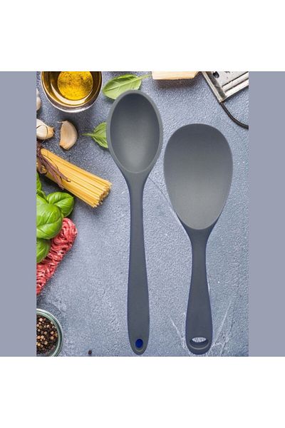 Multiamo Hard Tip Heat Resistant Fireproof Non-Stick Silicone Long Spoon 28 Cm Short Spoon 22 Cm / 2 Pcs
