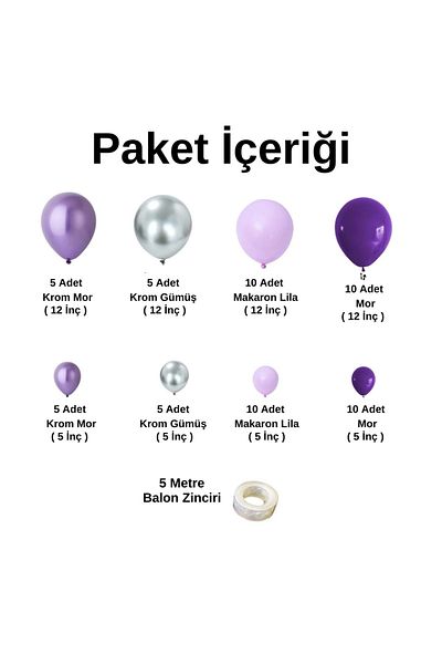 Organizasyon Pazarı 60pcs Chrome Purple-Chrome Silver-Macaron Lilac Balloon Chain Set