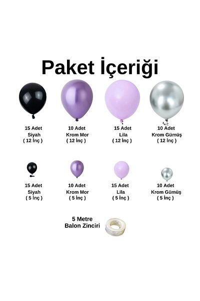 Organizasyon Pazarı Set of 100 Black-Chrome Purple-Lilac-Chrome Silver Balloon Chains