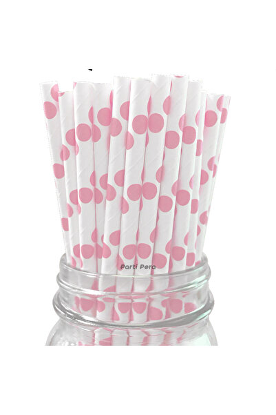 parti pera Beyaz Pembe Puantiyeli Kağıt Pipet 24'lü Paket
