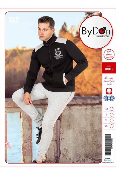 ByDon Ανδρικό σετ φούτερ από βαμβακερό 3 νήμα - μακρύ μανίκι, γιακάς, φερμουάρ και μανσέτες