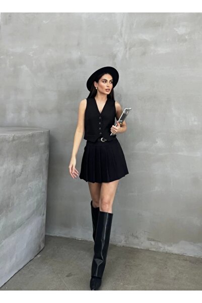 asfamoda Kadın Siyah Düğmeli Kolsuz Yelek & Astarlı Mini Şort Etek Alt Üst Takım