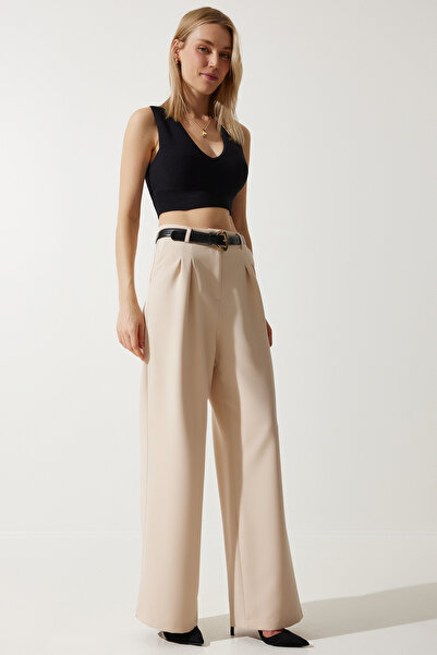 Lovelyİstanbul Geniş Paça Maskülen Dokuma Pantolon KREM LHG0001