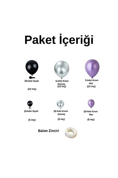 Organizasyon Pazarı Purple-Black Balloon Chain Set of 60 - Chrome Silver